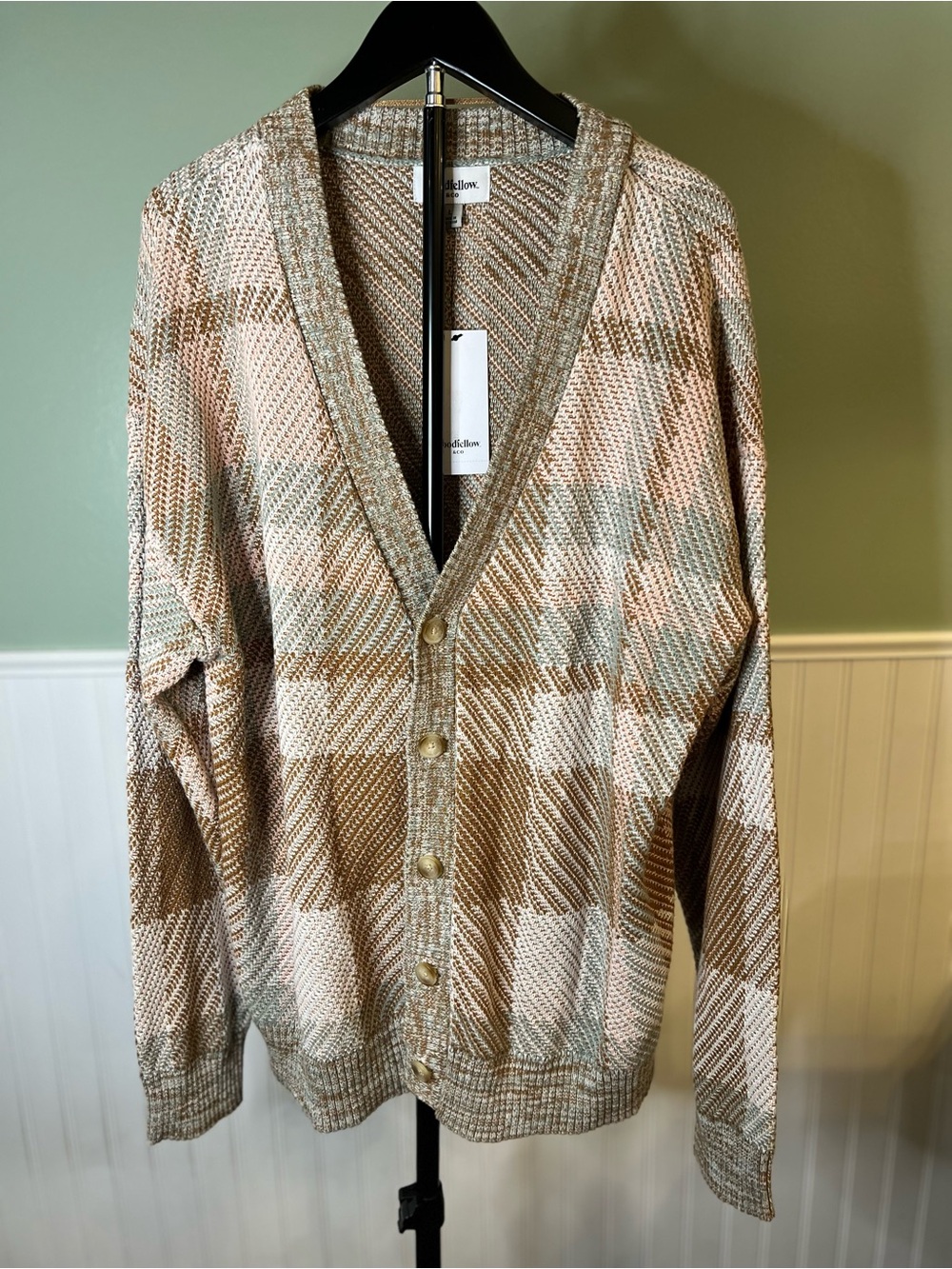 Goodfellow & Co Men’s Cotton Blend Beige & Cream Plaid Knit Cardigan. Size L